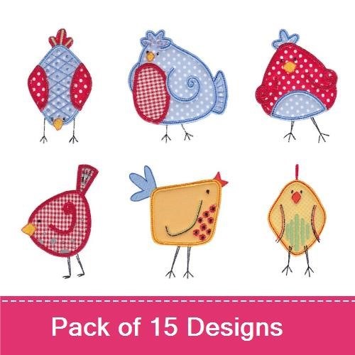 Applique Whimsical Birds Embroidery Bundle – Red Polka Dot Bird, Blue Check Bird, Yellow Bird & More (15 Designs)