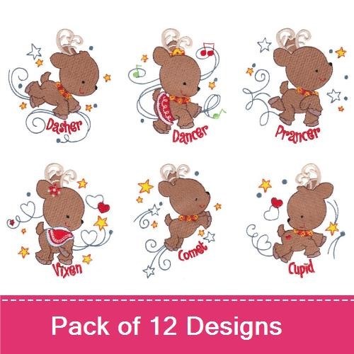 Cute Christmas Reindeer & Santa Embroidery Designs Bundle – Dasher, Rudolph, Santa with Gifts & More (12 Designs)