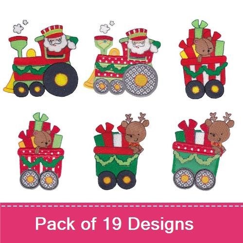 Christmas Train and Holiday Charms Embroidery Bundle – Santa Train, Gift Stack, Reindeer with Gifts & More (19 Designs)