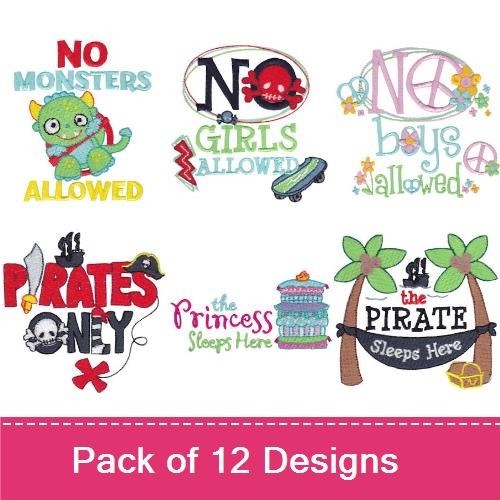 Kids Fun & Fantasy Embroidery Designs Bundle – No Monsters Allowed, Princess Dreamer, Pirate Theme & More (12 Designs)