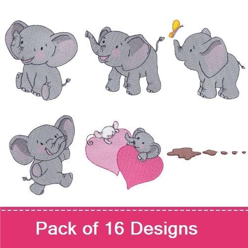 Cute Elephant Embroidery Designs Bundle – Elephant with Flower, Elephant Playing in Mud, Elephant with Mouse & More (16 Designs)