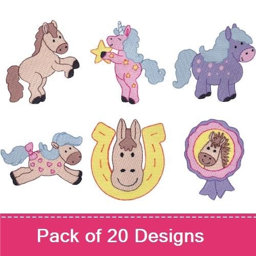 Cute Pony & Unicorn Embroidery Designs Bundle – Pony with Bow, Unicorn with Flower, Galloping Pony & More (20 Designs)