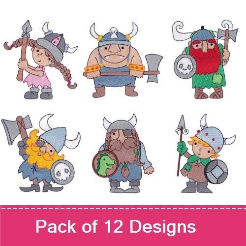 Cute Viking Kids Embroidery Designs Bundle – Viking Kid with Axe, Viking Girl with Shield, Viking Warrior with Axe & More (12 Designs)