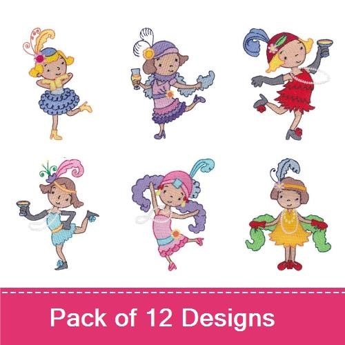 Flapper Girls Embroidery Designs Bundle – Flapper Girl with Glass, Flapper Girl with Feather, Flapper Girl Dancing & More (12 Designs)