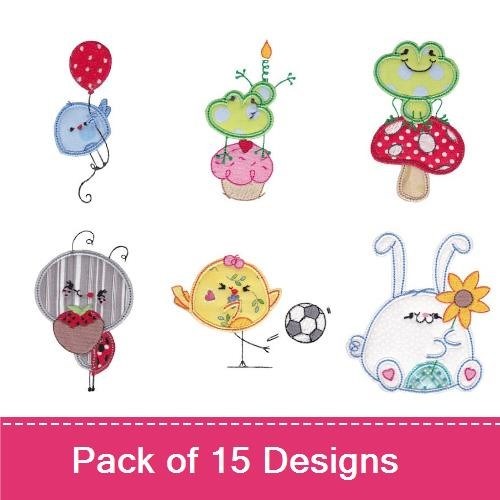 Whimsical Woodland Characters Embroidery Bundle – Frog with Cupcake, Mouse with Balloon, Bird with Flower & More (15 Designs)