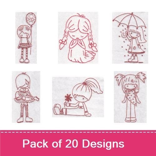 Redwork Girls Embroidery Designs Bundle – Girl with Balloon, Girl with Umbrella, Girl with Hair Bows & More (20 Designs)