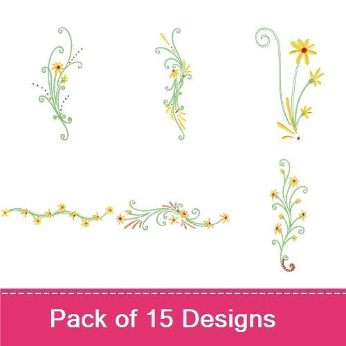 Floral Embroidery Designs Bundle – Delicate Floral Vine with Yellow Flowers, Elegant Vine with Blossoms & More (15 Designs)