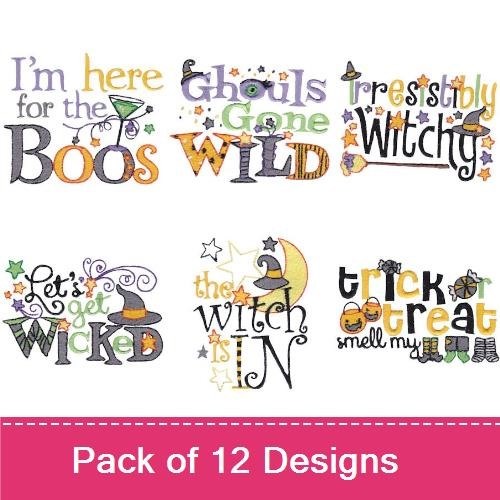 Halloween-Themed Text Embroidery Designs Bundle – Ghouls Gone Wild, I'm Here for the Boos, Frightfully Witchy & More (12 Designs)