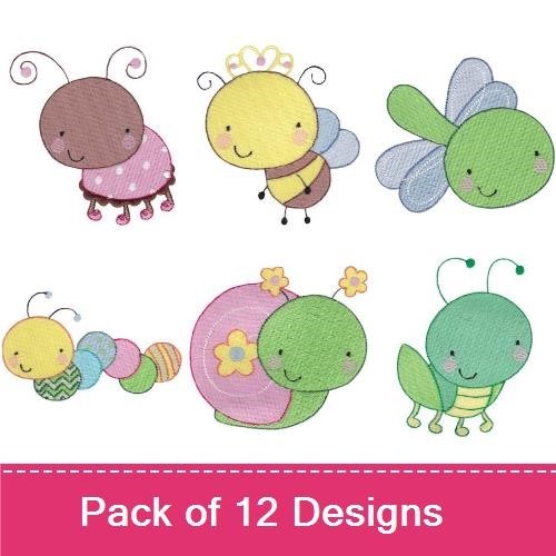 Cute Insects Embroidery Designs Bundle – Queen Bee, Happy Ladybug, Joyful Bug & More (12 Designs)