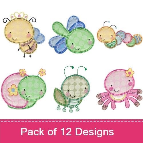 Applique Cute Bug Characters Embroidery Bundle – Bee with Crown, Ladybug, Dragonfly & More (12 Designs)