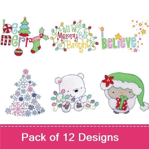 Holiday Characters Embroidery Designs Bundle – Be Merry, Christmas Tree, Snowman with Scarf & More (12 Designs)