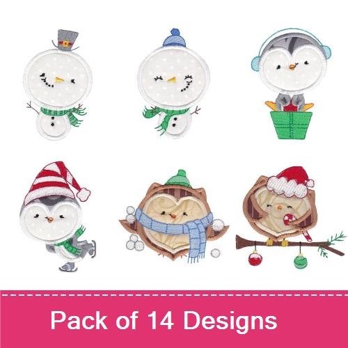 Snowman & Owl Embroidery Bundle – Holiday Owls and Penguins (14 Designs)