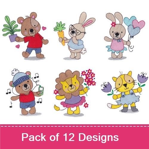 Animal Embroidery Bundle – Cute Bears, Rabbits, Lions & Cats (12 Designs)