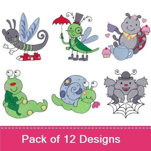 Whimsical Bug Characters Embroidery Designs Bundle – Friendly Ant, Happy Bee, Colorful Butterfly & More (12 Designs)