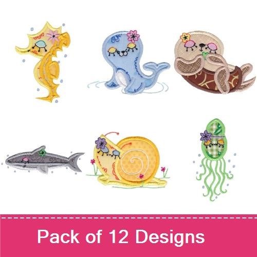 Applique Cute Sea Creatures Embroidery Bundle – Whale with Flower, Seahorse, Otter & More (12 Designs)