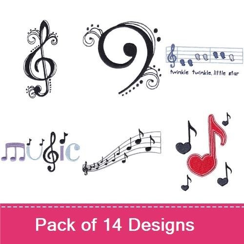 Musical Quotes & Notes Embroidery Designs Bundle – Music is the Medicine, Treble Clef, Musical Note with Heart & More (14 Designs)