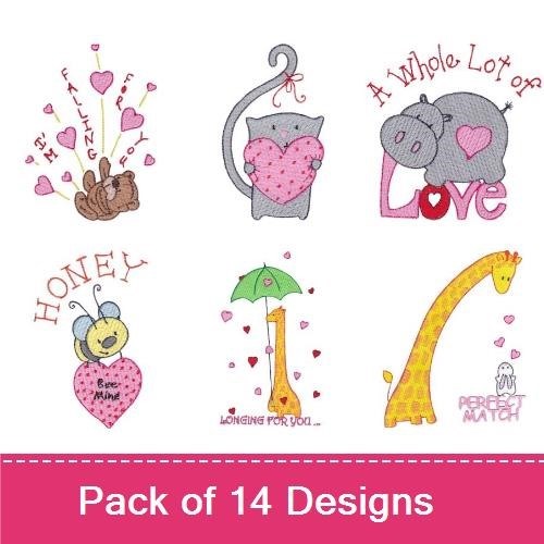Love & Animals Embroidery Designs Bundle – Falling for You Bear, Cat with Heart, Hippo with Heart & More (14 Designs)