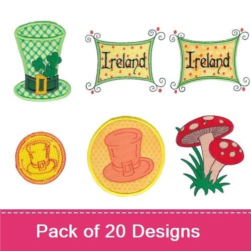 St. Patrick's Day Symbols Embroidery Designs Bundle – Green Leprechaun Hat, Shamrock, Gold Coin & More (20 Designs)