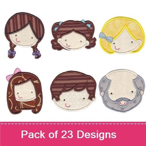 Applique Cute Kids' Faces Embroidery Bundle – Girl with Brown Hair and Stripes, Girl with Pigtails, Girl with Yellow Hair & More (23 Designs)