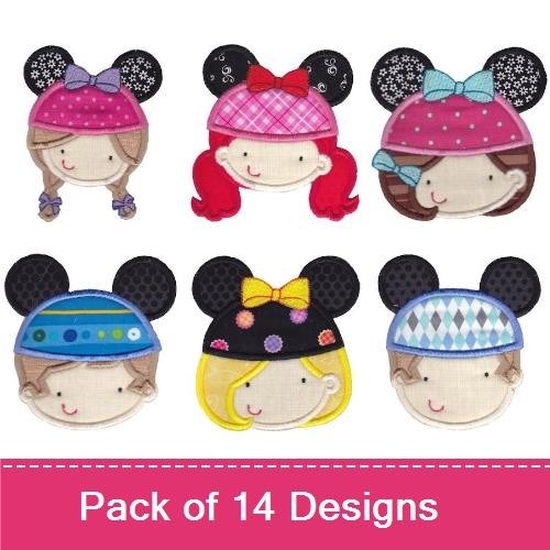 Applique Whimsical Character Faces Embroidery Designs Bundle – Girl with Pink Polka Dot Hat, Boy with Blue Hat & More (14 Designs)