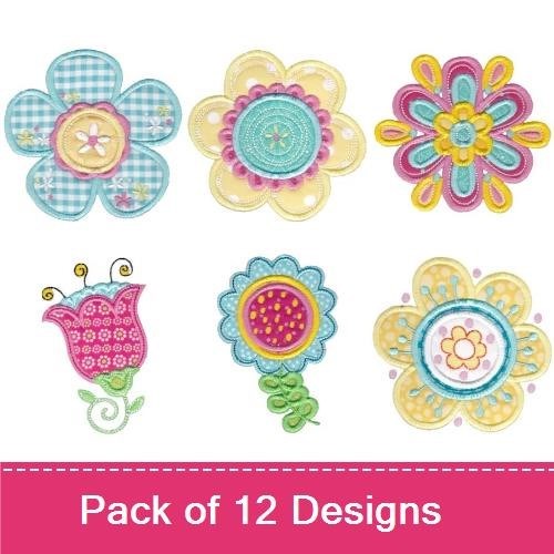 Applique Whimsical Flower Embroidery Bundle – Teal Flower, Yellow Flower, Pink Flower & More (12 Designs)