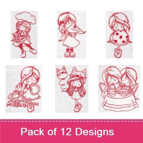 Redwork Whimsical Girls Embroidery Designs Bundle – Girl Chef, Girl on Skates, Girl with Cupcake & More (12 Designs)