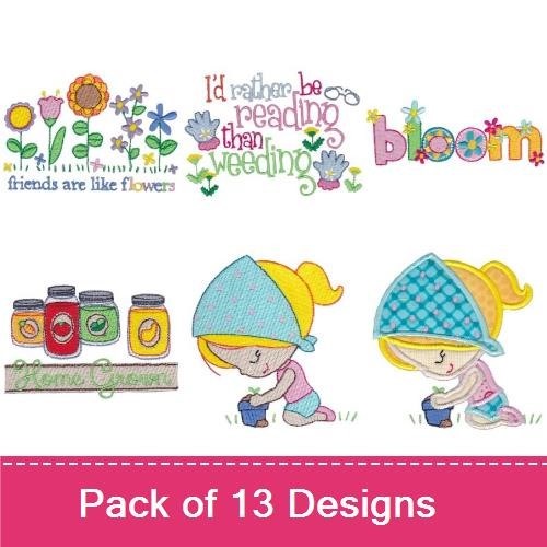 Garden Tools & Flowers Embroidery Designs Bundle – I Love My Garden, Friends and Bugs, Watering Can & More (13 Designs)