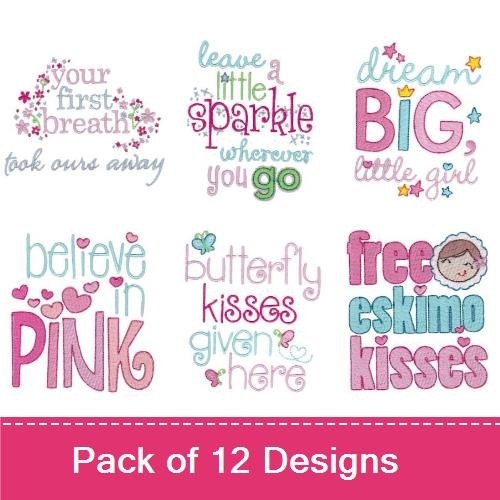 Baby Girl Sentiments Embroidery Designs Bundle – Be a Princess, God's Grace in a Tiny Face, & More (12 Designs)