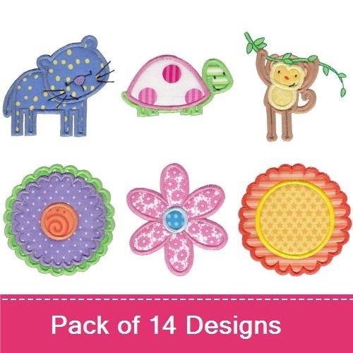 Applique Baby Animals and Flowers Embroidery Bundle – Blue Bird, Giraffe, Purple Zebra & More (14 Designs)