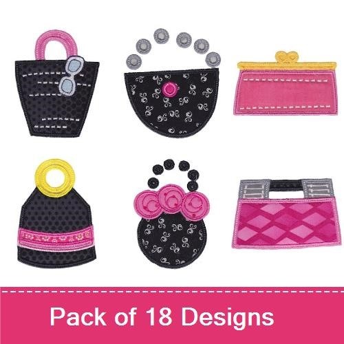 Applique Chic Handbag Embroidery Bundle – Handbag with Glasses, Pink Polka Dot Purse, High Heel Shoe & More (18 Designs)