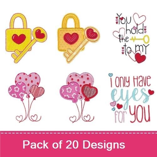 Love and Romance Embroidery Bundle – Heart Key and Lock, Love Hearts Jar, Balloon Bouquet & More (20 Designs)