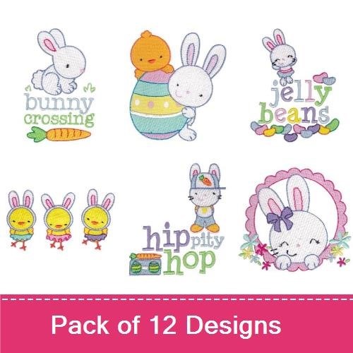 Easter Bunny Embroidery Bundle – Bunny with Basket, Baby Chick, Easter Egg with Flowers & More (12 Designs)