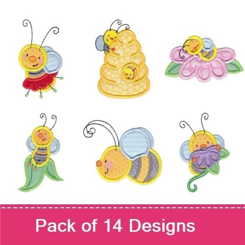 Applique Bumblebee & Honey Embroidery Bundle – Bumblebee with Flowers, Honeycomb, Bumblebee Face & More (14 Designs)