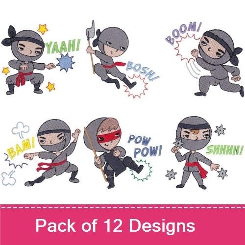 Cute Ninja Characters Embroidery Bundle – Ninja with Stars, Ninja with Scream, Ninja with Action Words & More (12 Designs)