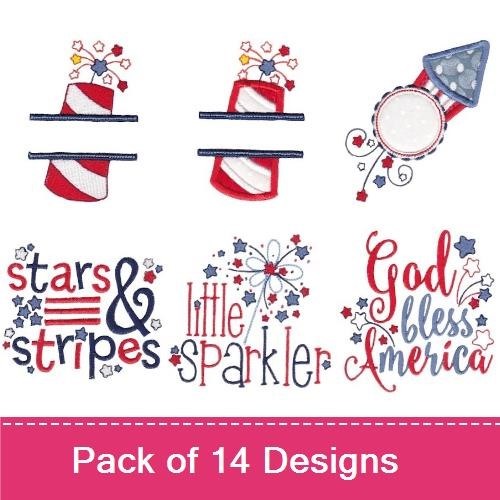 Patriotic Surf Themes Embroidery Designs Bundle – Patriotic Cake with Stars, Red White and Blue Rocket, WAVE RIDER Text & More (14 Designs)