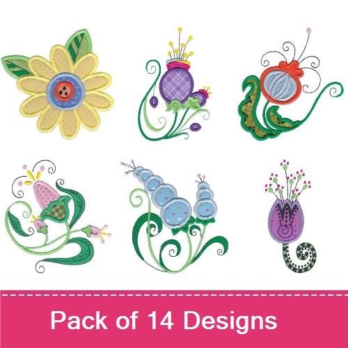 Applique Whimsical Floral Embroidery Bundle – Flower with Red Petals, Decorative Circular Flower, Stylized Floral Star & More (14 Designs)