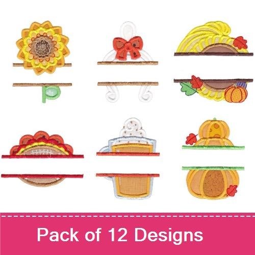 Applique Thanksgiving Harvest Embroidery Designs Bundle – Turkey with Bow, Pilgrim Hat, Harvest Basket & More (12 Designs)