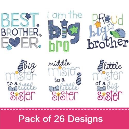 Brother & Sibling Embroidery Designs Bundle – Best Brother Ever, Proud Big Brother, Little Brother Big Boss & More (26 Designs)