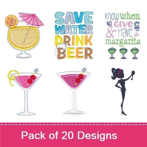 Tropical Cocktails Embroidery Bundle – Martini Glass with Olive, Coconut Cocktail, Lime Margarita & More (20 Designs)