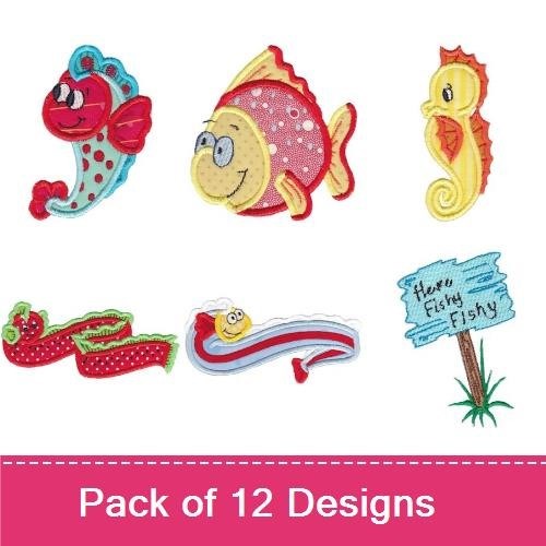 Cheerful Sea Creatures Embroidery Designs Bundle – Red Fish with Polka Dots, Green Stripe Fish, Blue Octopus & More (12 Designs)