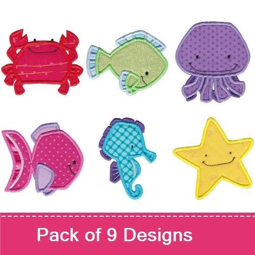 Applique Sea Creatures Embroidery Bundle – Crab, Fish, Girl Playing Trumpet & More (9 Designs)