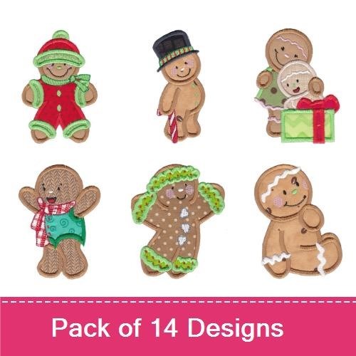 Applique Gingerbread Family & Friends Embroidery Bundle – Gingerbread House, Girl with Bonnet, Boy with Hat & More (14 Designs)