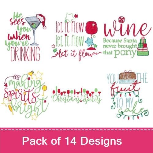 Holiday Beverage Embroidery Designs Bundle – Wine Christmas Spirit, He Sees You When You're Drinking, Christmas Spirits & More (14 Designs)