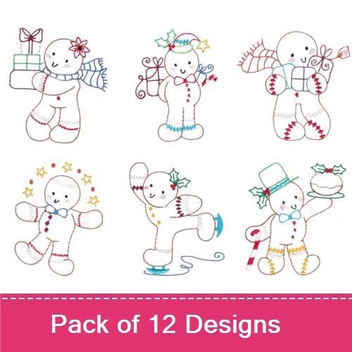 Redwork Gingerbread Holiday Characters Embroidery Designs Bundle – Gingerbread Man with Present, Snowman & More (12 Designs)