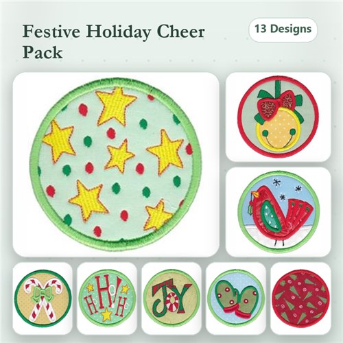 Applique Festive Holiday Embroidery Bundle – Star Circle, Holiday Ornament with Bow, Cardinal Bird & More (13 Designs)