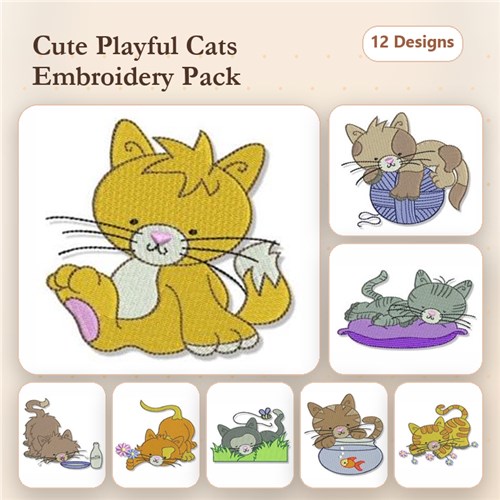 Playful Cat Embroidery Designs Bundle – Cat with Yarn, Sleeping Gray Cat, Curious Cat & More (12 Designs)