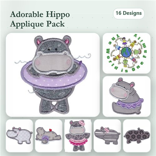 Applique Adorable Hippo Embroidery Bundle – Hippo with Pool Float, Hippo with Swimsuit, Hippo Family & More (16 Designs)