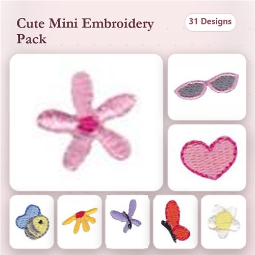 Cute Mini Embroidery Bundle – Flower, Sunglasses, Heart, Bee & More (31 Designs)
