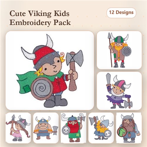Cute Viking Kids Embroidery Designs Bundle – Viking Kid with Axe, Viking Girl with Shield, Viking Warrior with Axe & More (12 Designs)