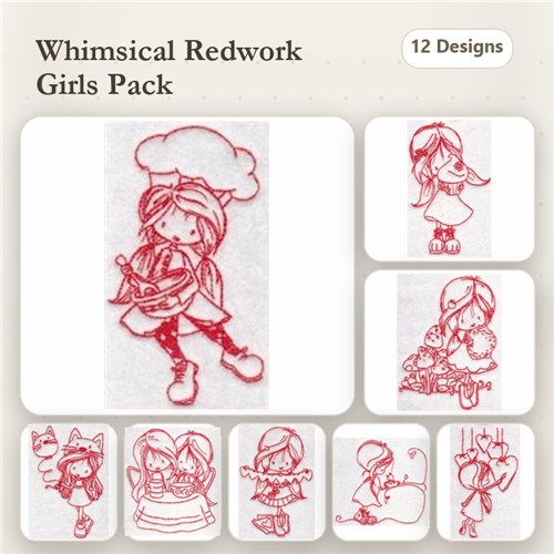 Redwork Whimsical Girls Embroidery Designs Bundle – Girl Chef, Girl on Skates, Girl with Cupcake & More (12 Designs)